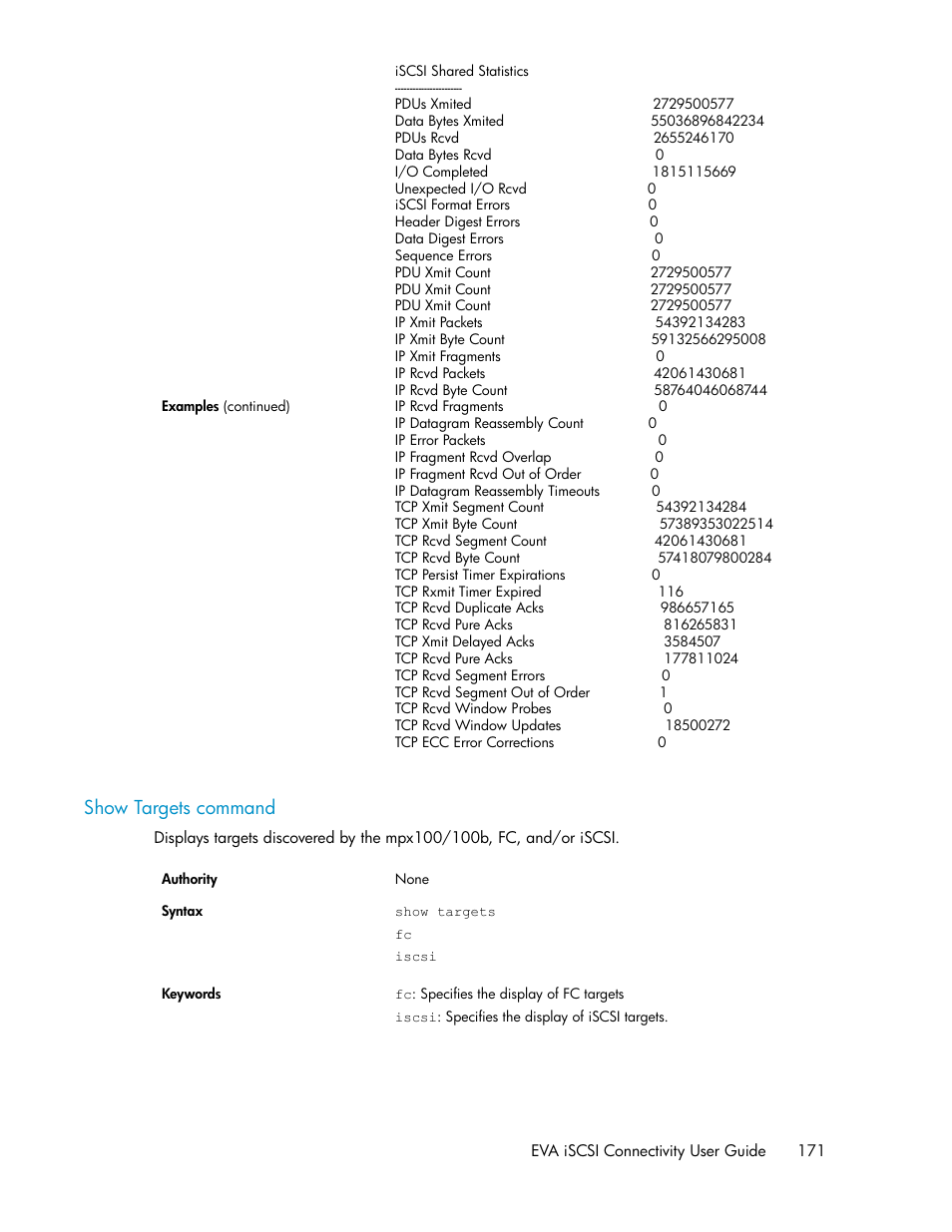 Show targets command | HP 3000 Enterprise Virtual Array User Manual | Page 171 / 236
