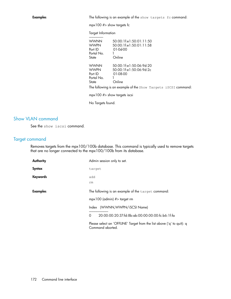 Show vlan command, Target command, 172 target command | HP 3000 Enterprise Virtual Array User Manual | Page 172 / 236