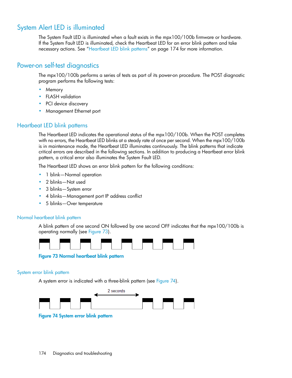 System alert led is illuminated, Power-on self-test diagnostics, Heartbeat led blink patterns | Normal heartbeat blink pattern, System error blink pattern, 174 power-on self-test diagnostics, Heartbeat, Led blink patterns | HP 3000 Enterprise Virtual Array User Manual | Page 174 / 236