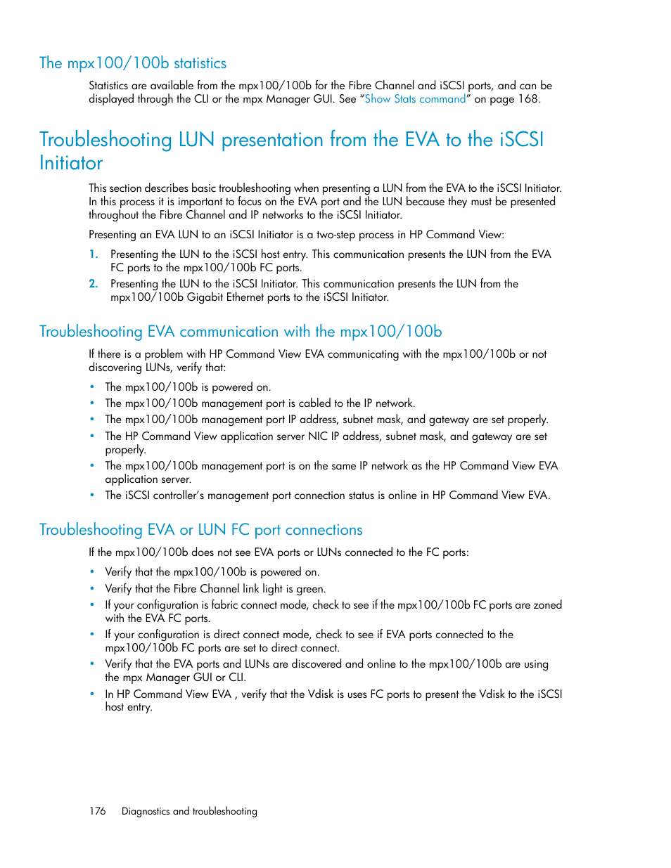 The mpx100/100b statistics, Troubleshooting eva or lun fc port connections, 176 troubleshooting eva or lun fc port connections | HP 3000 Enterprise Virtual Array User Manual | Page 176 / 236