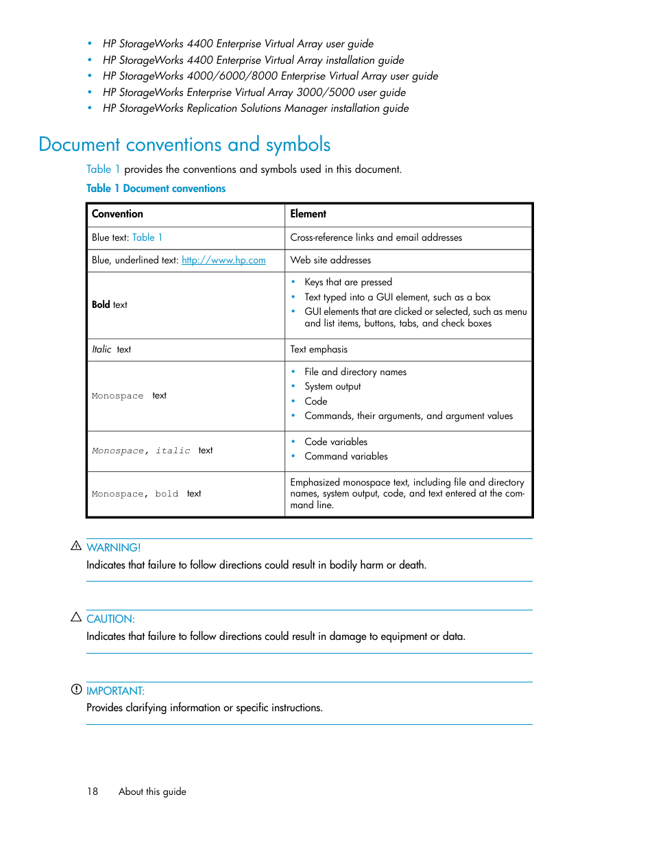 Document conventions and symbols, Document conventions, Conventions | HP 3000 Enterprise Virtual Array User Manual | Page 18 / 236