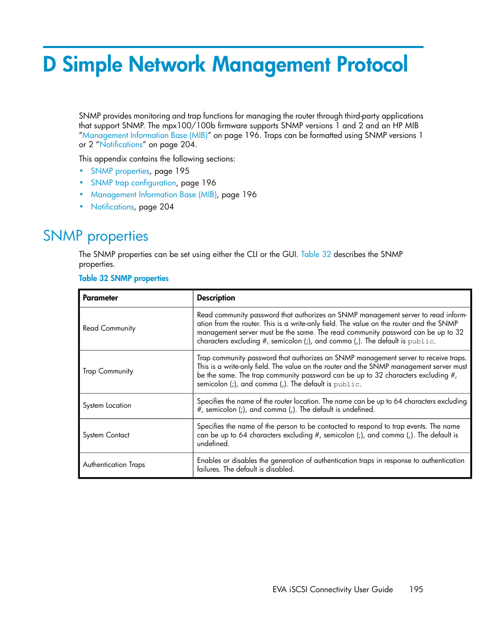 D simple network management protocol, Snmp properties | HP 3000 Enterprise Virtual Array User Manual | Page 195 / 236