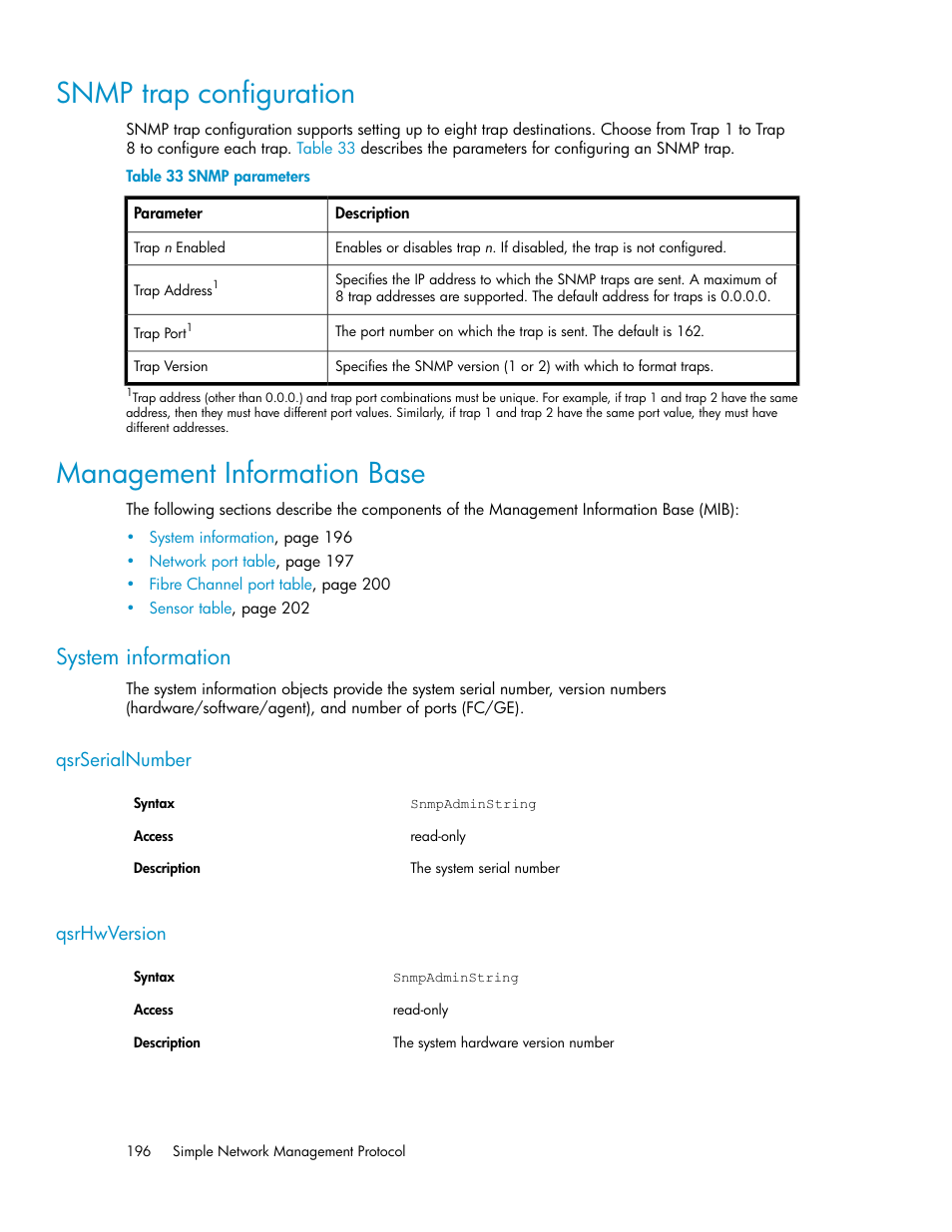 Snmp trap configuration, Management information base, System information | Qsrserialnumber, Qsrhwversion, 196 management information base, 196 qsrhwversion, Snmp parameters, Management information base (mib) | HP 3000 Enterprise Virtual Array User Manual | Page 196 / 236