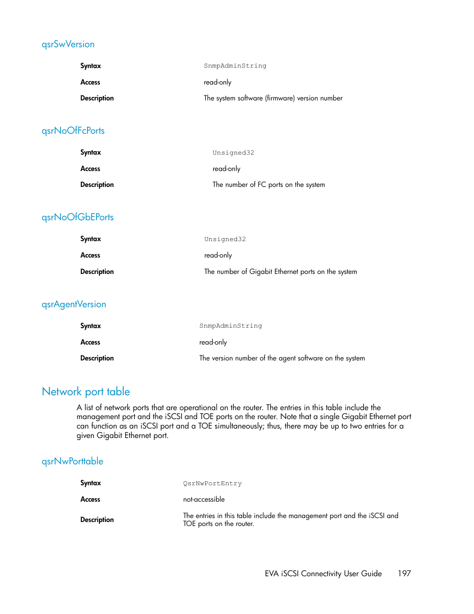 Qsrswversion, Qsrnooffcports, Qsrnoofgbeports | Qsragentversion, Network port table, Qsrnwporttable, 197 qsrnooffcports, 197 qsrnoofgbeports, 197 qsragentversion | HP 3000 Enterprise Virtual Array User Manual | Page 197 / 236