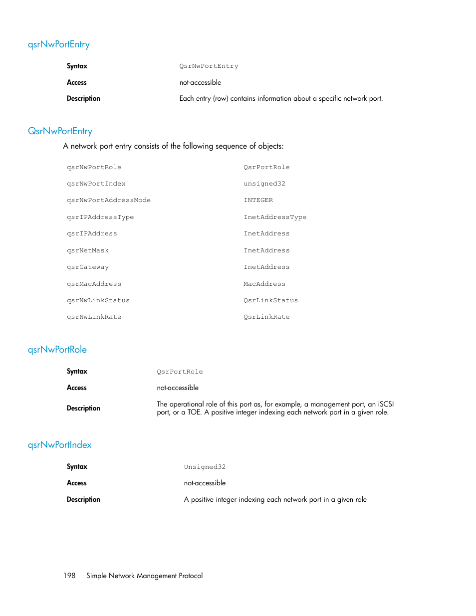 Qsrnwportentry, Qsrnwportrole, Qsrnwportindex | 198 qsrnwportentry, 198 qsrnwportrole, 198 qsrnwportindex | HP 3000 Enterprise Virtual Array User Manual | Page 198 / 236