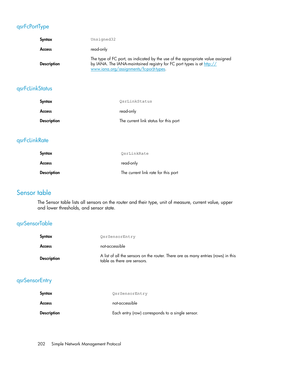Qsrfcporttype, Qsrfclinkstatus, Qsrfclinkrate | Sensor table, Qsrsensortable, Qsrsensorentry, 202 qsrfclinkstatus, 202 qsrfclinkrate, 202 qsrsensorentry | HP 3000 Enterprise Virtual Array User Manual | Page 202 / 236