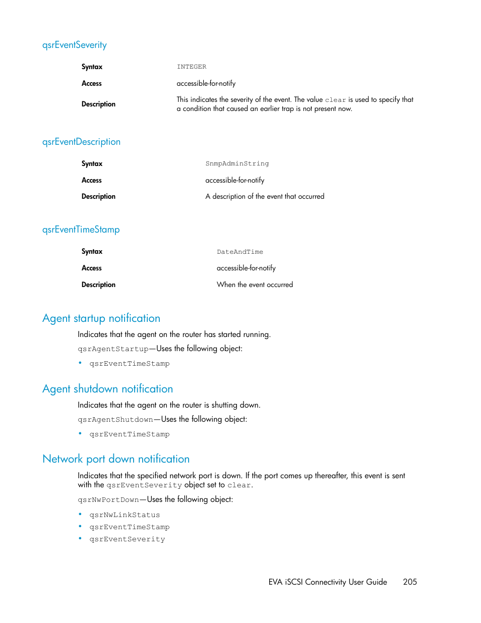Qsreventseverity, Qsreventdescription, Qsreventtimestamp | Agent startup notification, Agent shutdown notification, Network port down notification, 205 qsreventdescription, 205 qsreventtimestamp, 205 agent shutdown notification, 205 network port down notification | HP 3000 Enterprise Virtual Array User Manual | Page 205 / 236