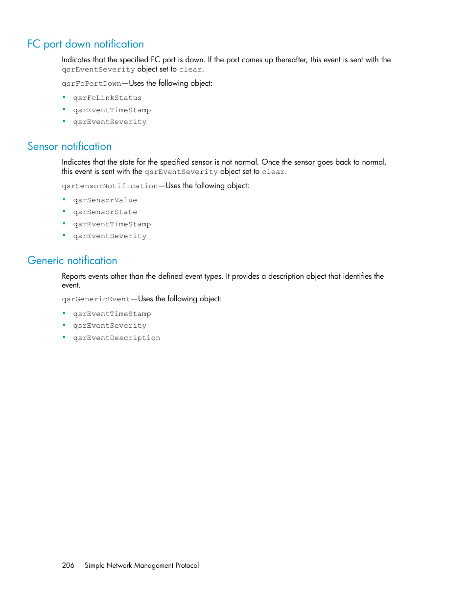 Fc port down notification, Sensor notification, Generic notification | 206 sensor notification, 206 generic notification, Fibre channel port down notification | HP 3000 Enterprise Virtual Array User Manual | Page 206 / 236