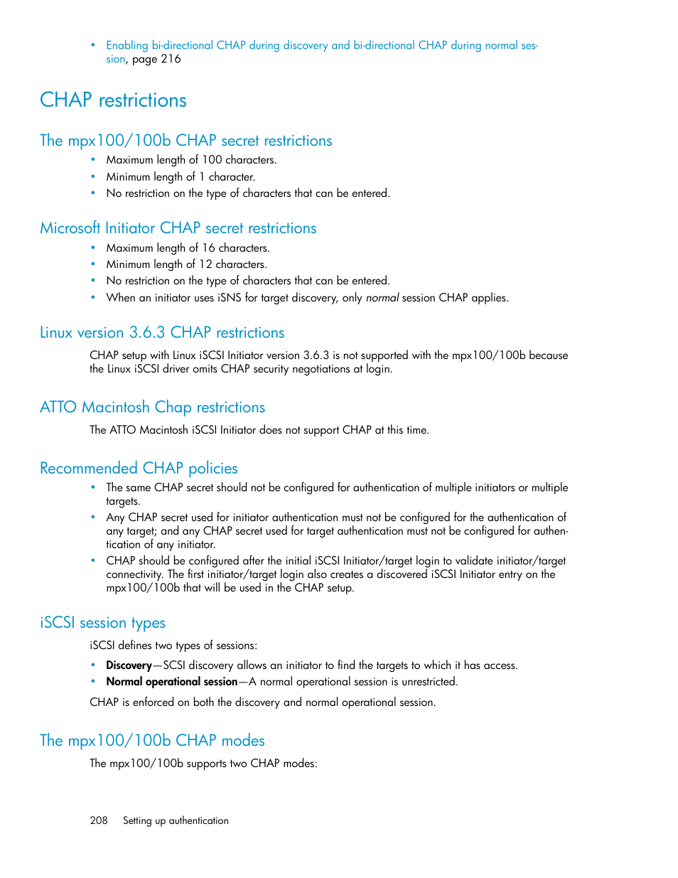 Chap restrictions, The mpx100/100b chap secret restrictions, Microsoft initiator chap secret restrictions | Linux version 3.6.3 chap restrictions, Atto macintosh chap restrictions, Recommended chap policies, Iscsi session types, The mpx100/100b chap modes, 208 microsoft initiator chap secret restrictions, 208 linux version 3.6.3 chap restrictions | HP 3000 Enterprise Virtual Array User Manual | Page 208 / 236