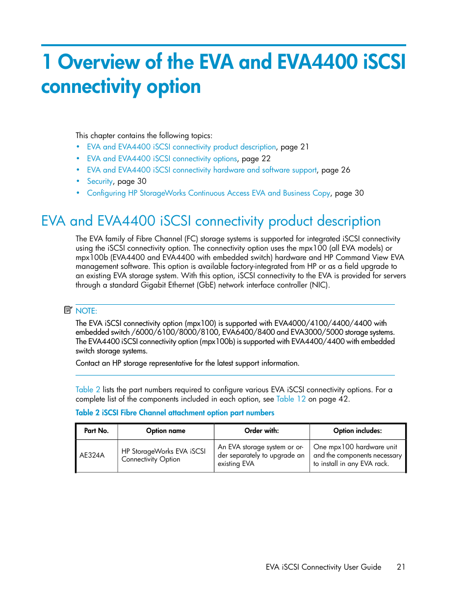 Iscsi fibre channel attachment option part numbers | HP 3000 Enterprise Virtual Array User Manual | Page 21 / 236