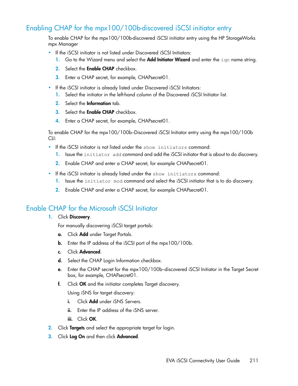 Enable chap for the microsoft iscsi initiator, 211 enable chap for the microsoft iscsi initiator | HP 3000 Enterprise Virtual Array User Manual | Page 211 / 236