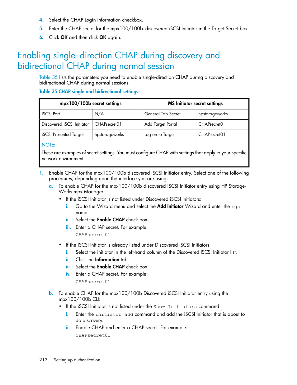 Chap single and bidirectional settings, Sion | HP 3000 Enterprise Virtual Array User Manual | Page 212 / 236