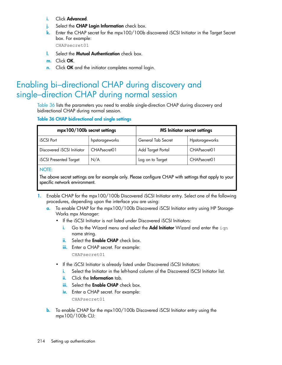 Chap bidirectional and single settings | HP 3000 Enterprise Virtual Array User Manual | Page 214 / 236