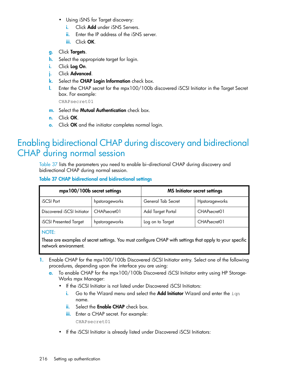Chap bidirectional and bidirectional settings | HP 3000 Enterprise Virtual Array User Manual | Page 216 / 236