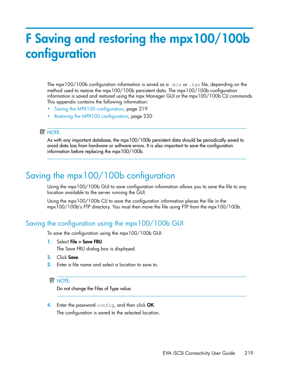 Saving the mpx100/100b configuration, Saving the configuration using the mpx100/100b gui | HP 3000 Enterprise Virtual Array User Manual | Page 219 / 236