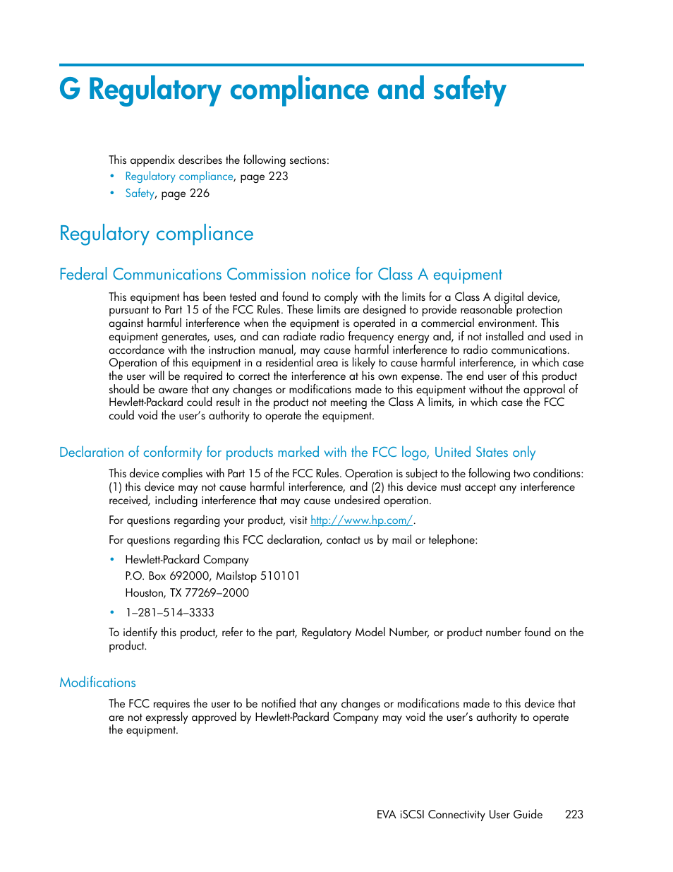 G regulatory compliance and safety, Regulatory compliance, Modifications | 223 modifications | HP 3000 Enterprise Virtual Array User Manual | Page 223 / 236
