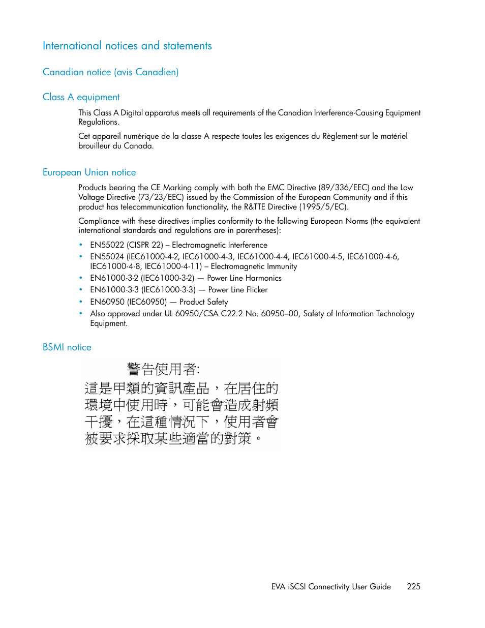 International notices and statements, Canadian notice (avis canadien), Class a equipment | European union notice, Bsmi notice, 225 class a equipment, 225 european union notice, 225 bsmi notice | HP 3000 Enterprise Virtual Array User Manual | Page 225 / 236