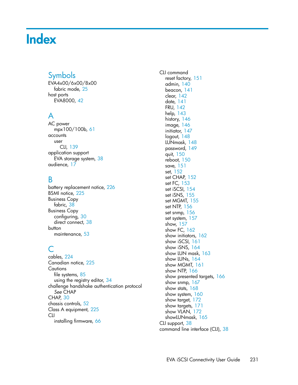 Index, Symbols | HP 3000 Enterprise Virtual Array User Manual | Page 231 / 236