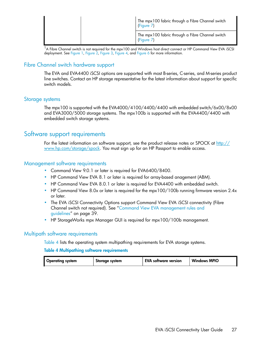 Fibre channel switch hardware support, Storage systems, Software support requirements | Management software requirements, Multipath software requirements, 27 storage systems, 27 multipath software requirements, Multipathing software requirements | HP 3000 Enterprise Virtual Array User Manual | Page 27 / 236