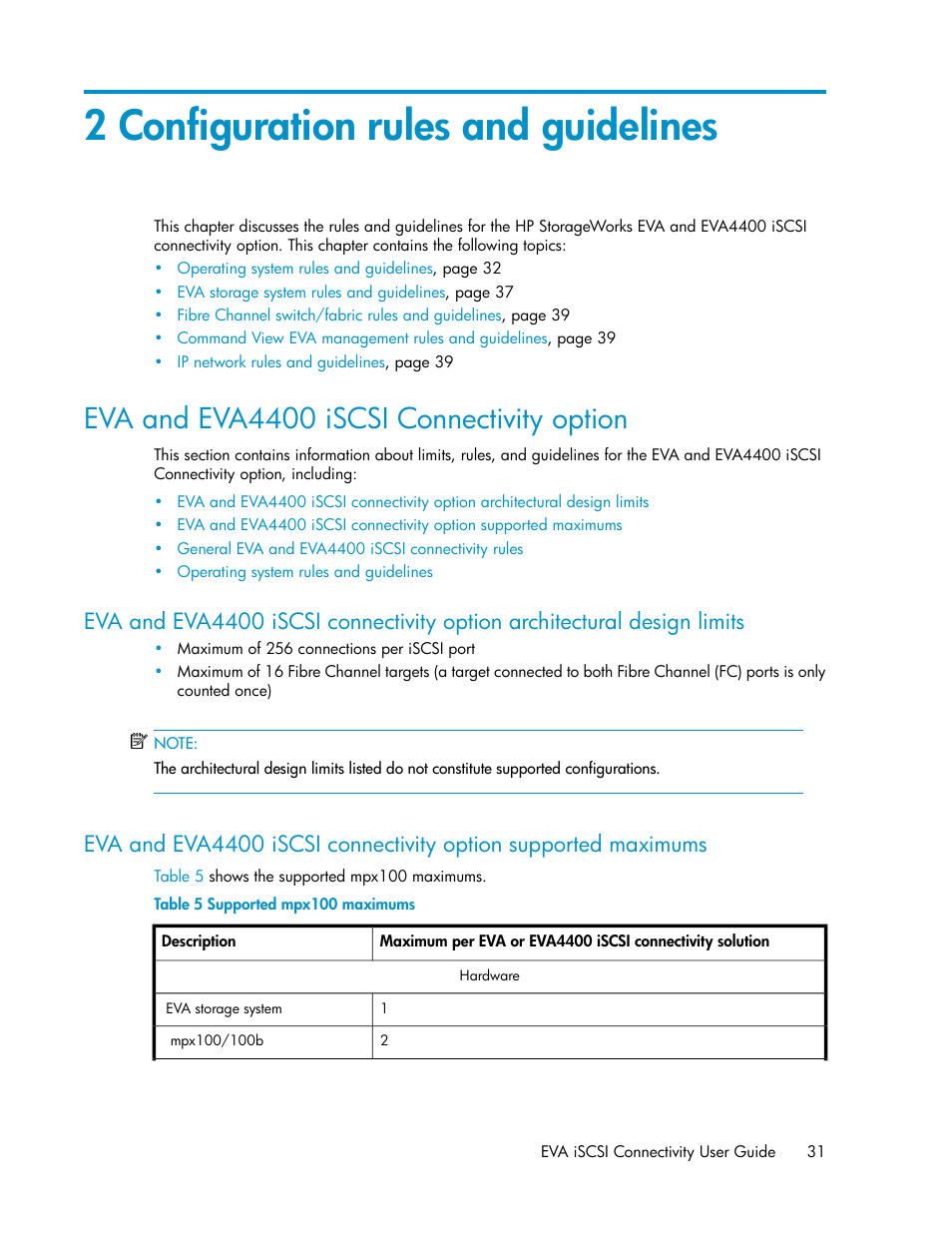 2 configuration rules and guidelines, Eva and eva4400 iscsi connectivity option, Supported mpx100 maximums | Chapter 2 | HP 3000 Enterprise Virtual Array User Manual | Page 31 / 236