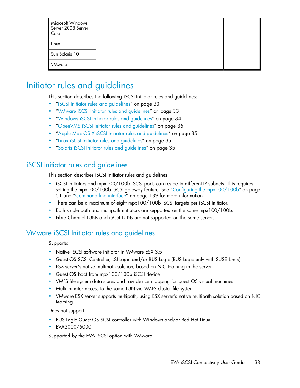 Initiator rules and guidelines, Iscsi initiator rules and guidelines, Vmware iscsi initiator rules and guidelines | 33 vmware iscsi initiator rules and guidelines | HP 3000 Enterprise Virtual Array User Manual | Page 33 / 236