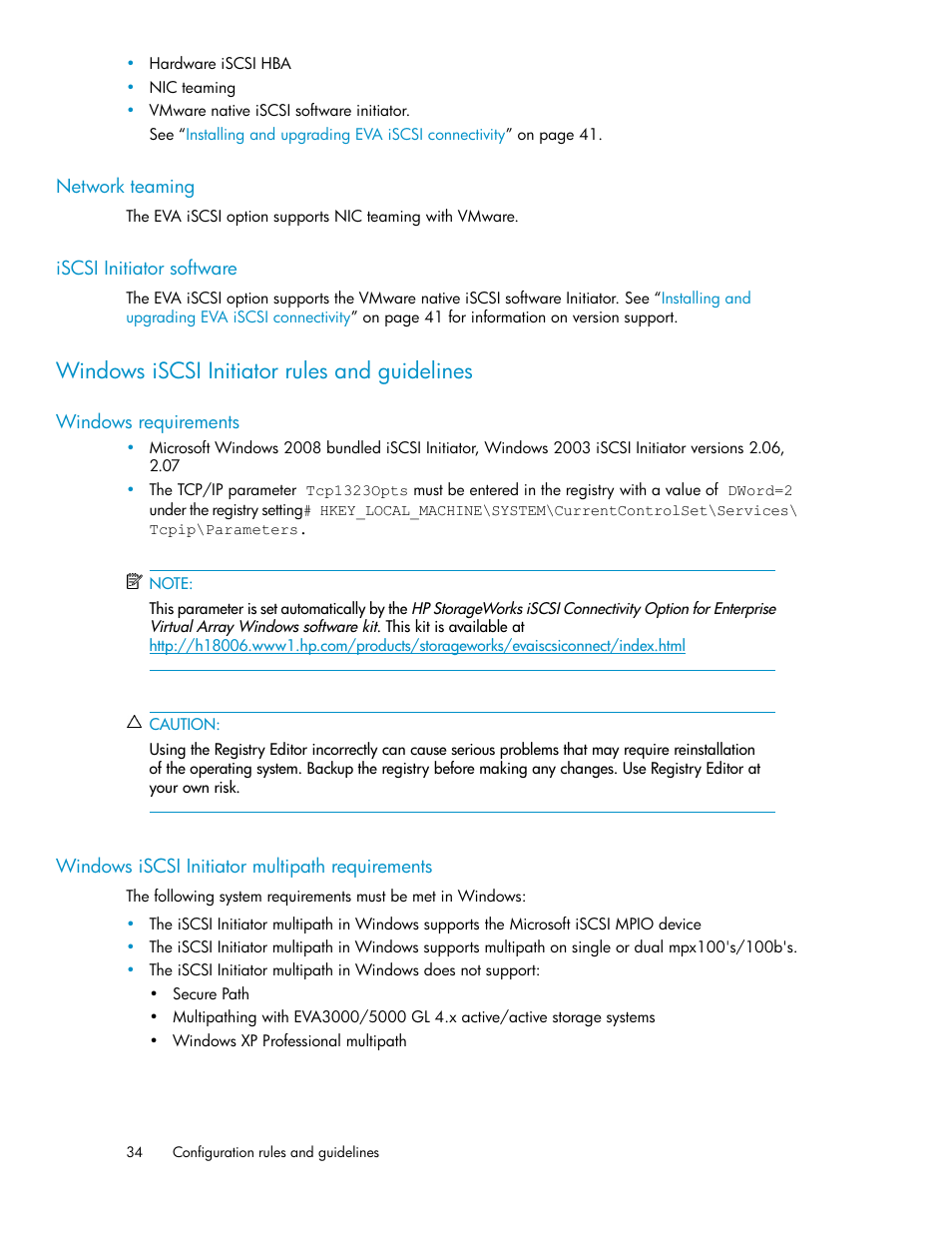 Network teaming, Iscsi initiator software, Windows iscsi initiator rules and guidelines | Windows requirements, Windows iscsi initiator multipath requirements, 34 iscsi initiator software, 34 windows iscsi initiator multipath requirements | HP 3000 Enterprise Virtual Array User Manual | Page 34 / 236