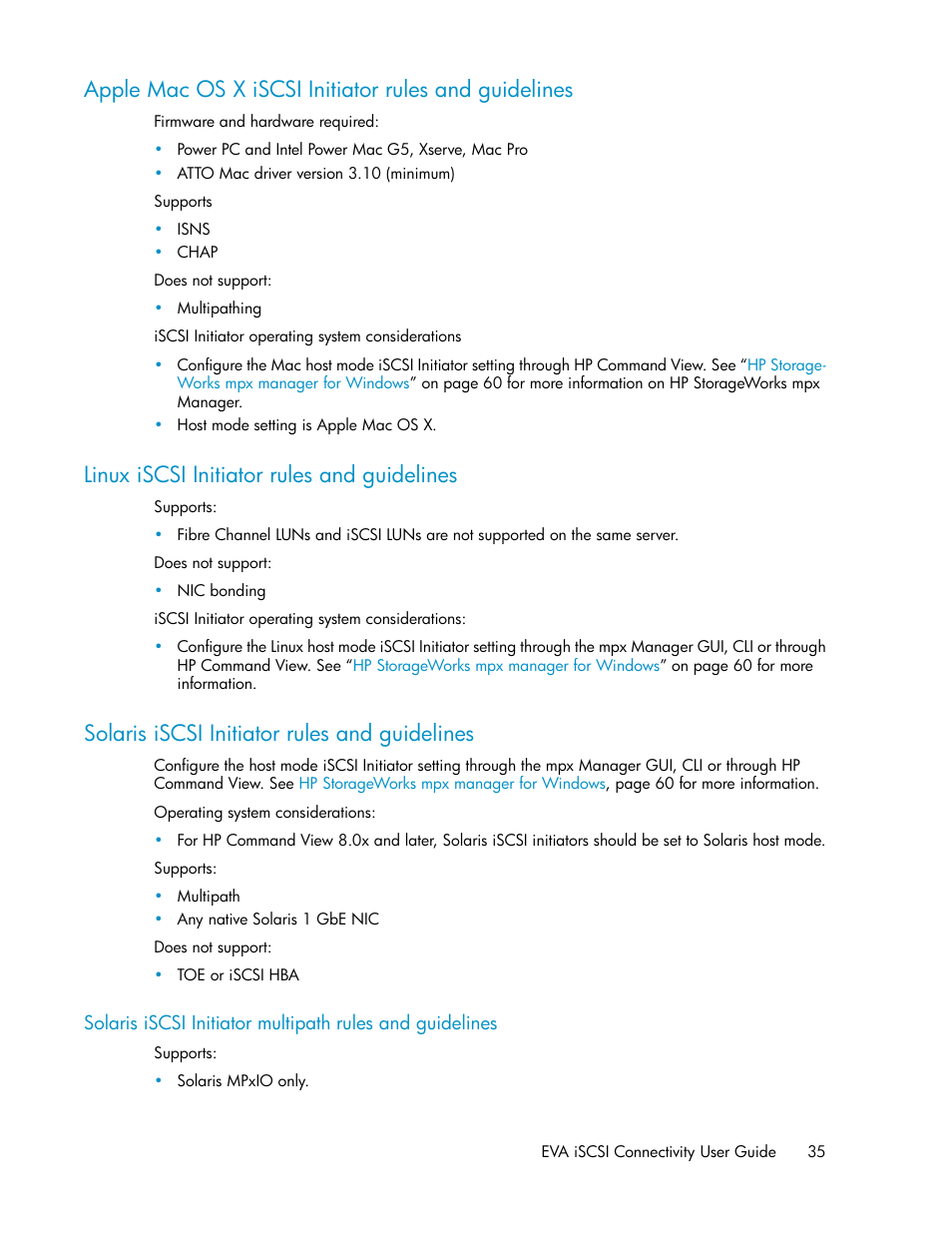 Linux iscsi initiator rules and guidelines, Solaris iscsi initiator rules and guidelines, 35 linux iscsi initiator rules and guidelines | 35 solaris iscsi initiator rules and guidelines | HP 3000 Enterprise Virtual Array User Manual | Page 35 / 236