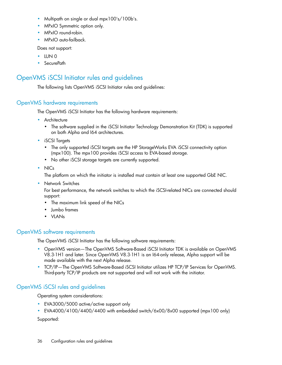 Openvms iscsi initiator rules and guidelines, Openvms hardware requirements, Openvms software requirements | Openvms iscsi rules and guidelines, 36 openvms iscsi rules and guidelines | HP 3000 Enterprise Virtual Array User Manual | Page 36 / 236