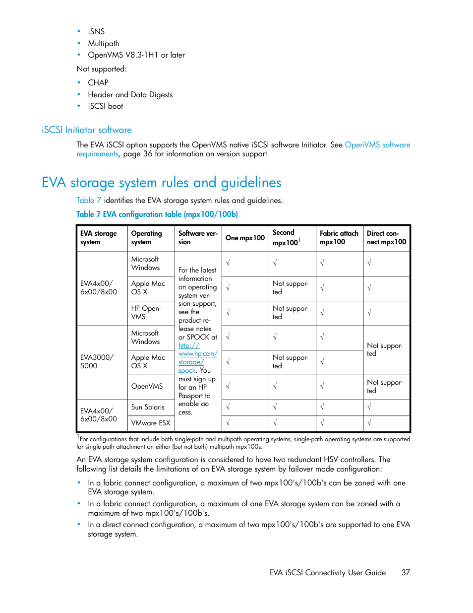 Iscsi initiator software, Eva storage system rules and guidelines, Eva configuration table (mpx100/100b) | HP 3000 Enterprise Virtual Array User Manual | Page 37 / 236