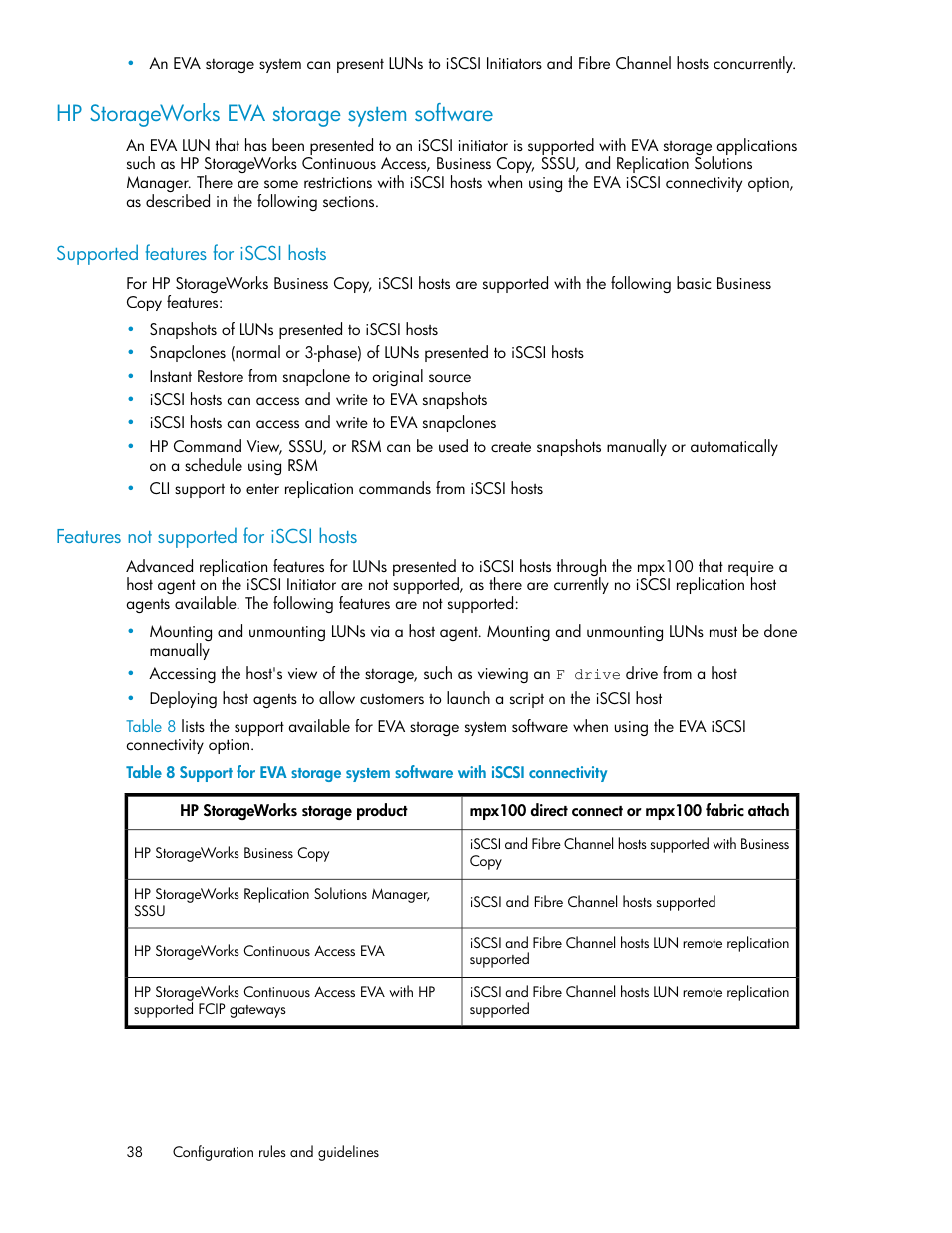 Hp storageworks eva storage system software, Supported features for iscsi hosts, Features not supported for iscsi hosts | 38 features not supported for iscsi hosts | HP 3000 Enterprise Virtual Array User Manual | Page 38 / 236