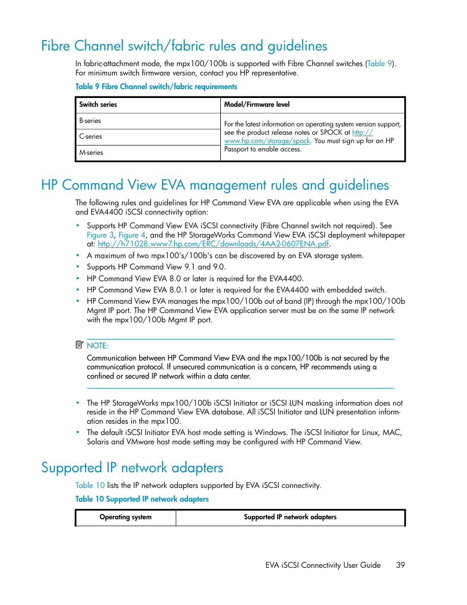 Fibre channel switch/fabric rules and guidelines, Supported ip network adapters, 39 supported ip network adapters | Fibre channel switch/fabric requirements, Command view eva management rules and, Guidelines, Command view eva management rules and guidelines, Ip network rules and guidelines | HP 3000 Enterprise Virtual Array User Manual | Page 39 / 236