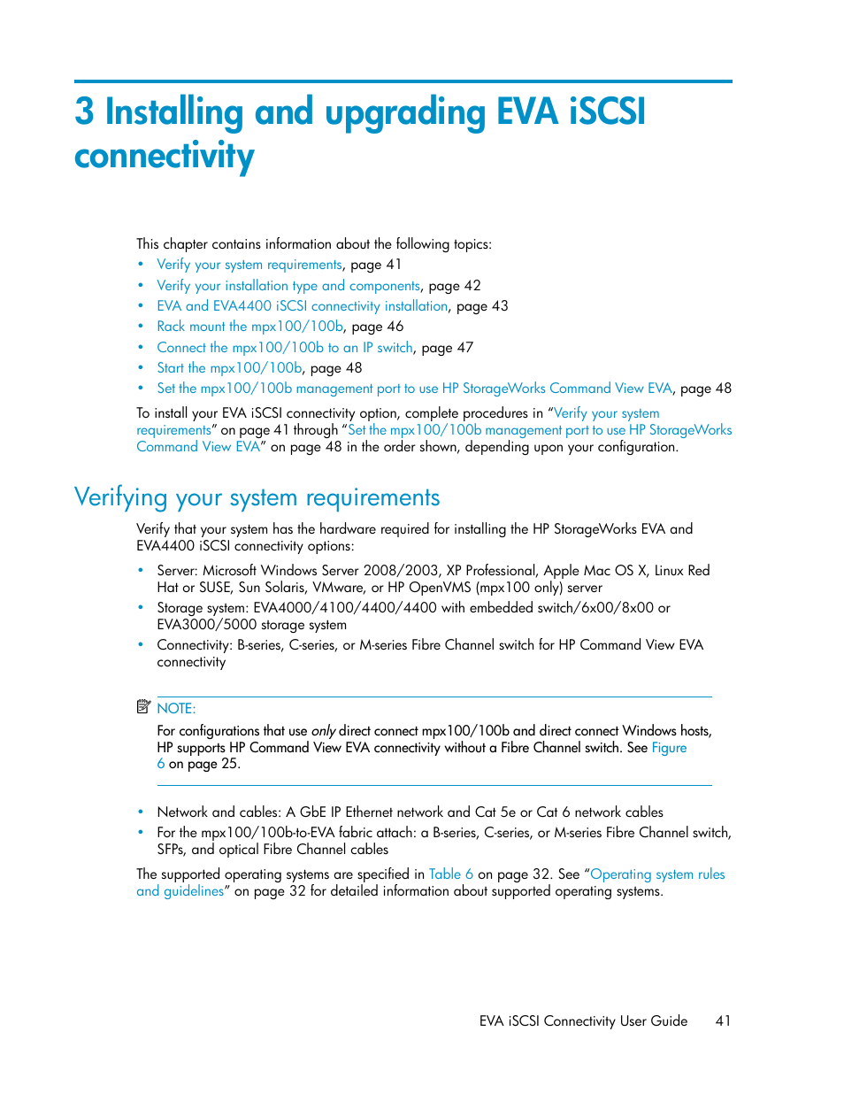 3 installing and upgrading eva iscsi connectivity, Verifying your system requirements, Installing and upgrading eva iscsi connectivity | Installing and, Upgrading eva iscsi connectivity | HP 3000 Enterprise Virtual Array User Manual | Page 41 / 236