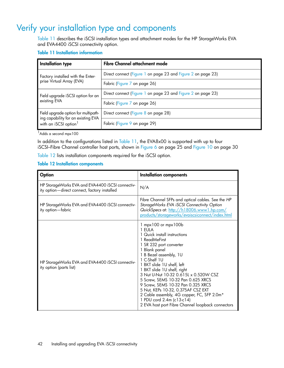 Verify your installation type and components, Installation information, Installation components | Table 12 | HP 3000 Enterprise Virtual Array User Manual | Page 42 / 236