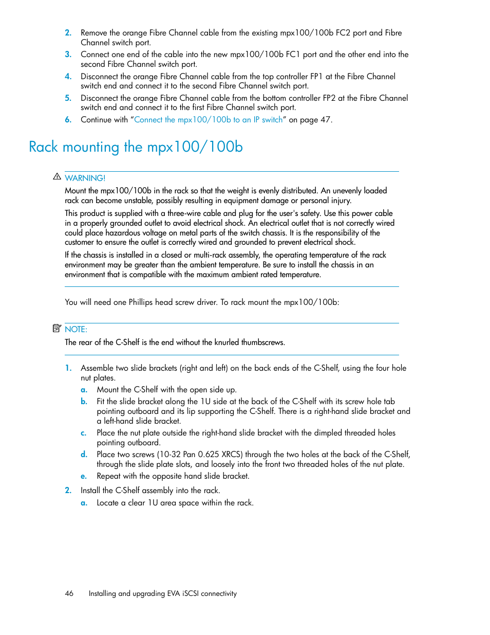 Rack mounting the mpx100/100b, Rack mount the mpx100/100b | HP 3000 Enterprise Virtual Array User Manual | Page 46 / 236