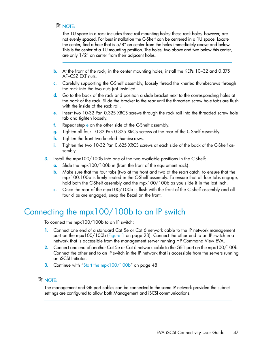 Connecting the mpx100/100b to an ip switch, Connect the mpx100/100b to an ip switch | HP 3000 Enterprise Virtual Array User Manual | Page 47 / 236