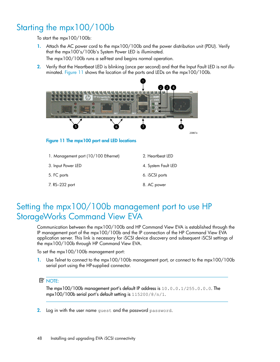 Starting the mpx100/100b, The mpx100 port and led locations, Start the mpx100/100b | Command view eva | HP 3000 Enterprise Virtual Array User Manual | Page 48 / 236