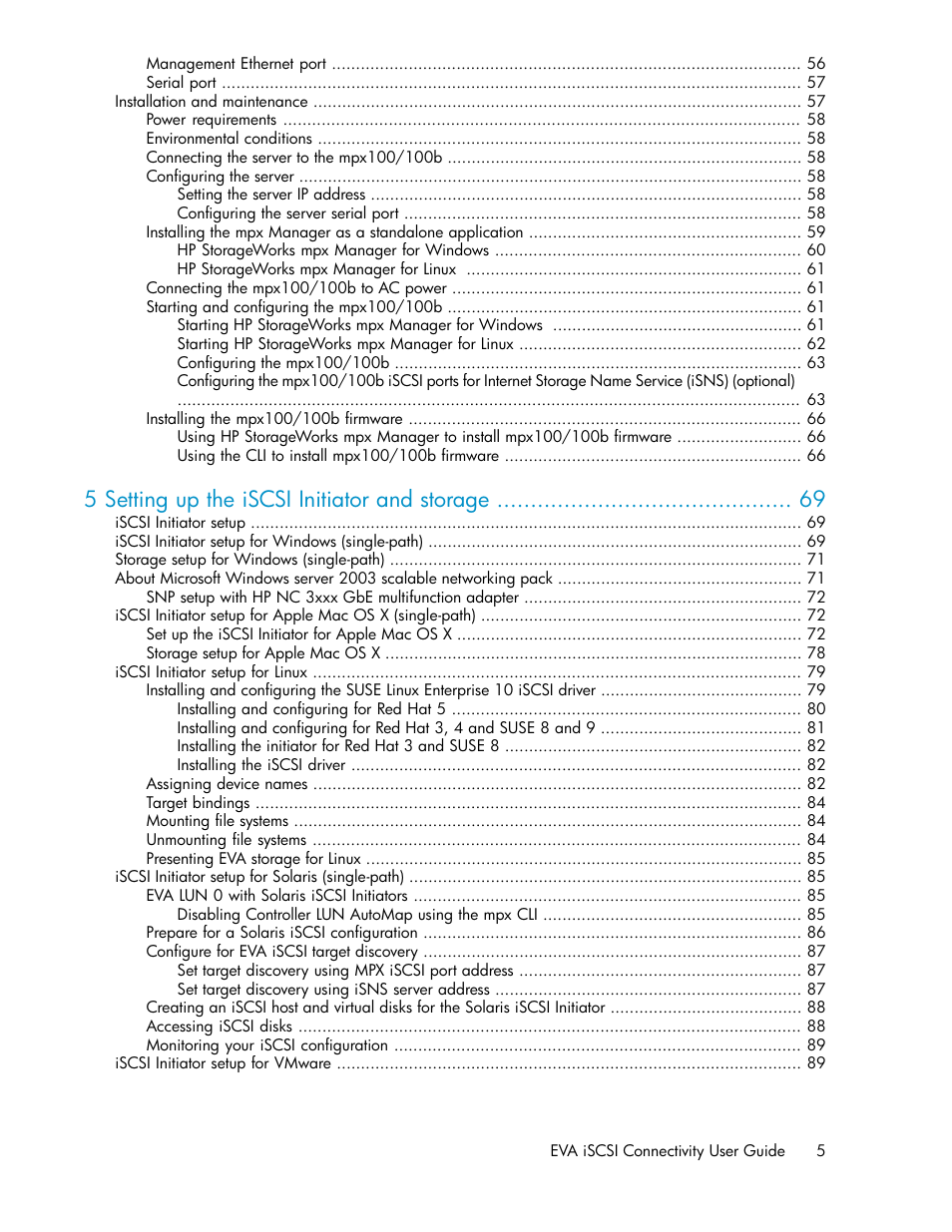 5 setting up the iscsi initiator and storage | HP 3000 Enterprise Virtual Array User Manual | Page 5 / 236