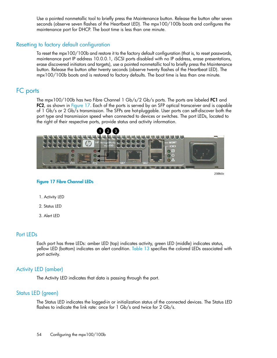 Resetting to factory default configuration, Fc ports, Port leds | Activity led (amber), Status led (green), 54 activity led (amber), 54 status led (green), Fibre channel leds | HP 3000 Enterprise Virtual Array User Manual | Page 54 / 236