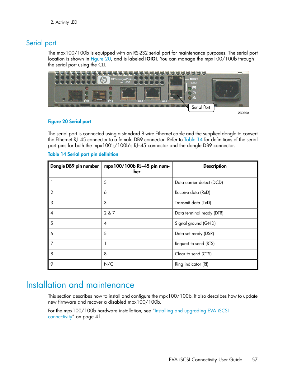 Serial port, Installation and maintenance, Serial port pin definition | HP 3000 Enterprise Virtual Array User Manual | Page 57 / 236