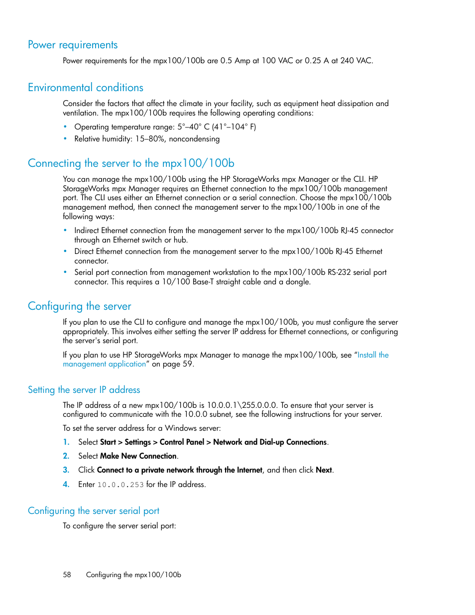 Power requirements, Environmental conditions, Connecting the server to the mpx100/100b | Configuring the server, Setting the server ip address, Configuring the server serial port, 58 environmental conditions, 58 connecting the server to the mpx100/100b, 58 configuring the server, 58 configuring the server serial port | HP 3000 Enterprise Virtual Array User Manual | Page 58 / 236