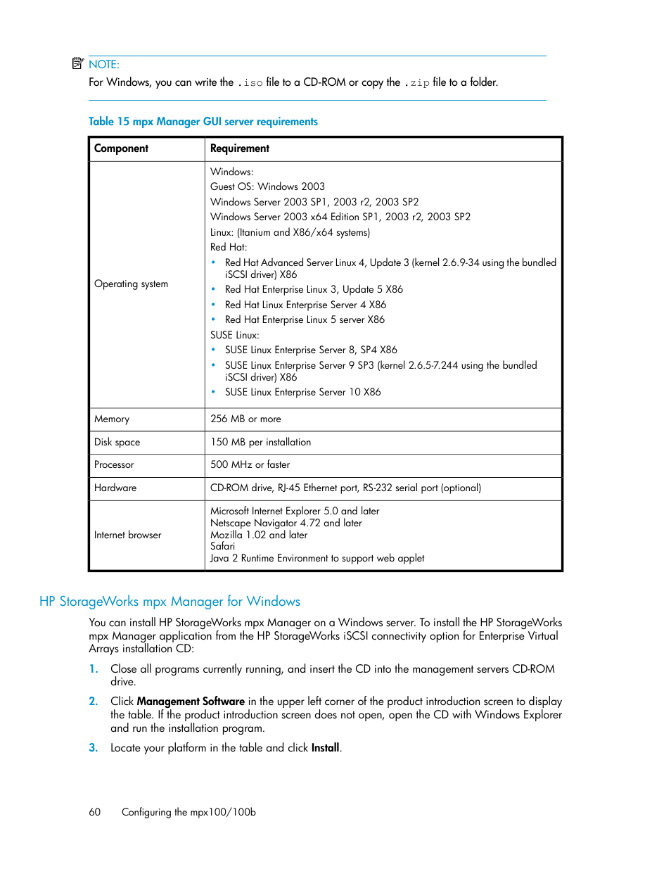 Hp storageworks mpx manager for windows, Mpx manager gui server requirements, Hp storage | Works mpx manager for windows, Table 15 | HP 3000 Enterprise Virtual Array User Manual | Page 60 / 236