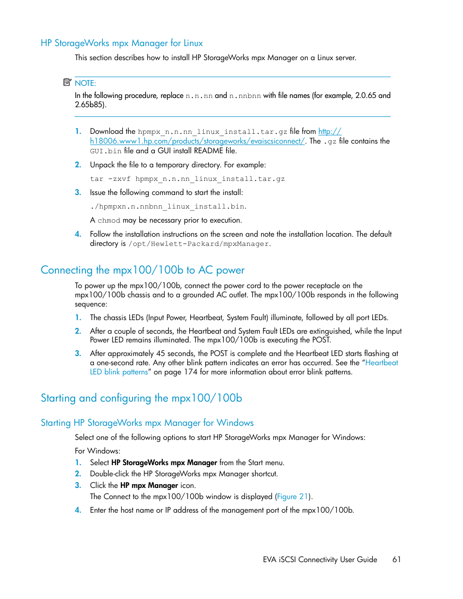 Hp storageworks mpx manager for linux, Connecting the mpx100/100b to ac power, Starting and configuring the mpx100/100b | Starting hp storageworks mpx manager for windows, 61 starting and configuring the mpx100/100b, Connect the mpx100/100b to ac power | HP 3000 Enterprise Virtual Array User Manual | Page 61 / 236