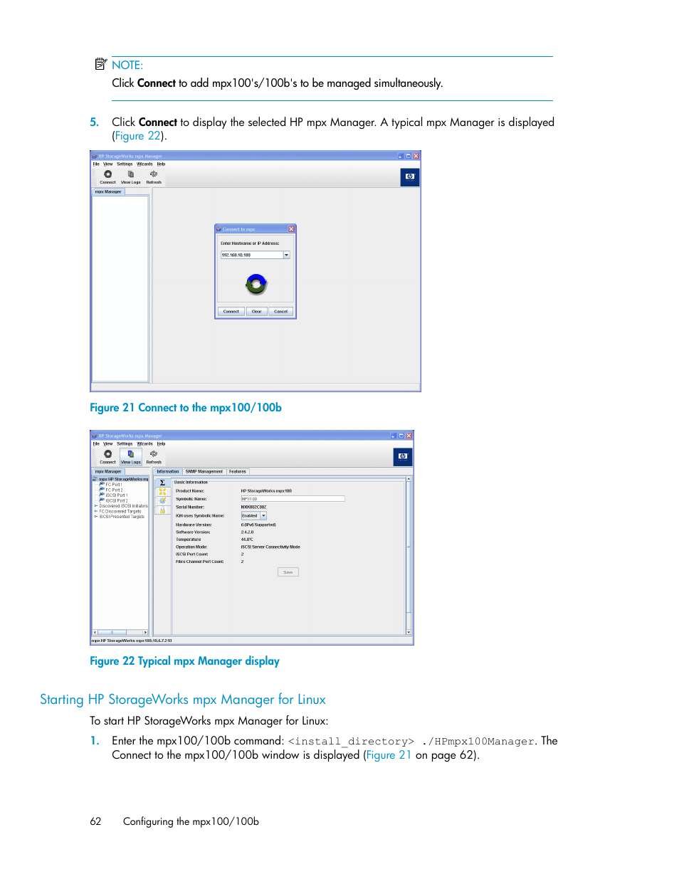 Starting hp storageworks mpx manager for linux, Connect to the mpx100/100b, Typical mpx manager display | Figure 21 | HP 3000 Enterprise Virtual Array User Manual | Page 62 / 236