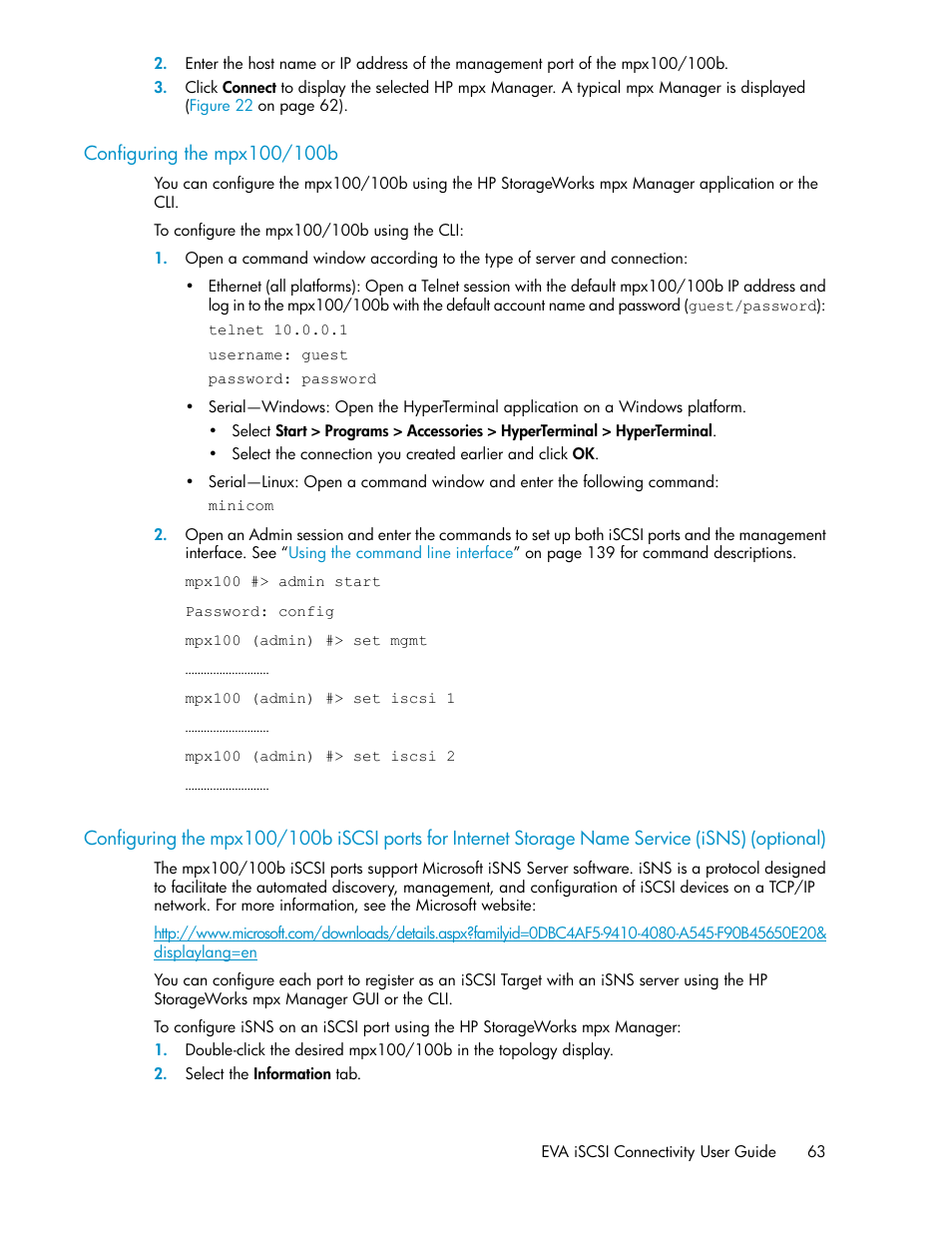 Configuring the mpx100/100b | HP 3000 Enterprise Virtual Array User Manual | Page 63 / 236