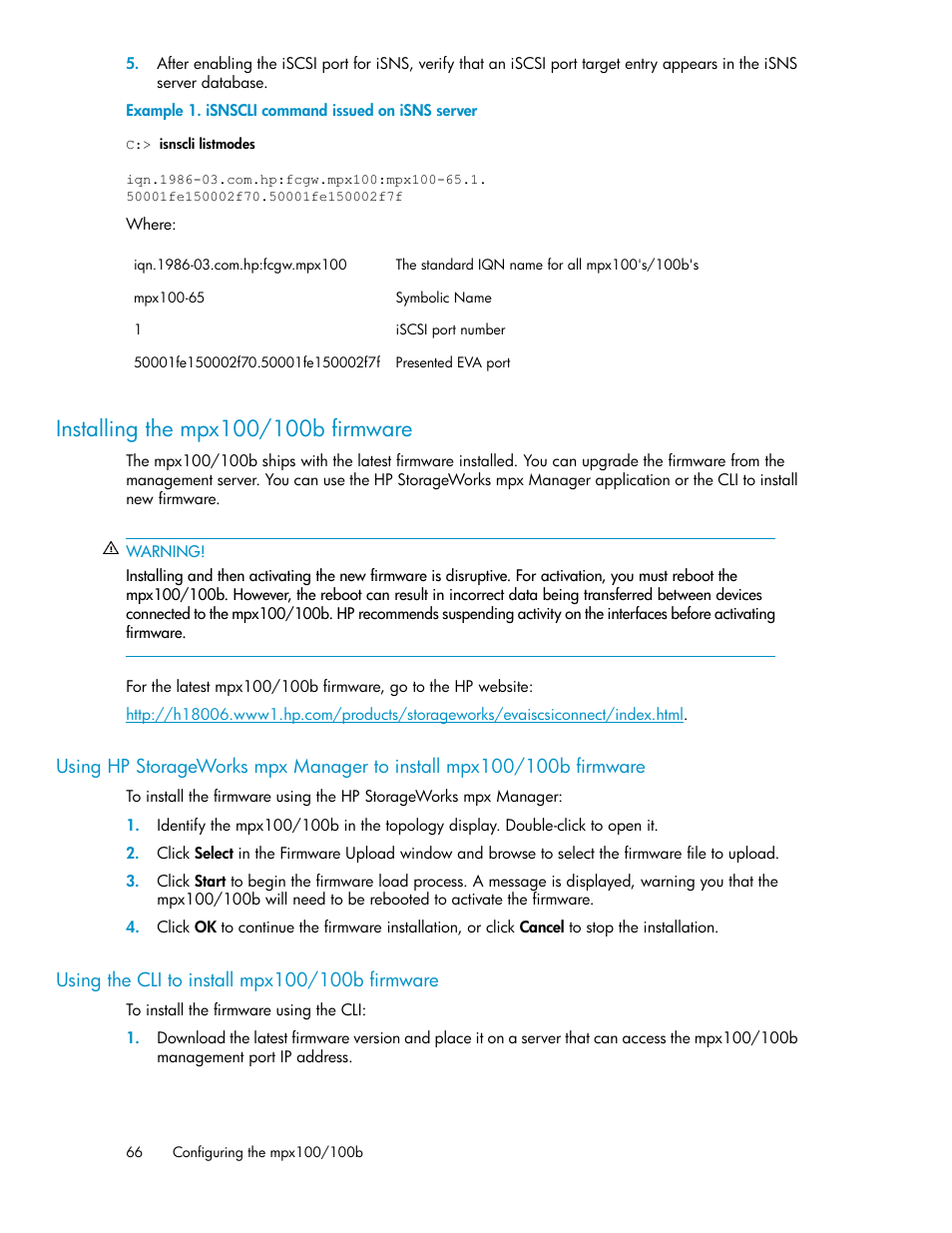 Installing the mpx100/100b firmware, Using the cli to install mpx100/100b firmware, 66 using the cli to install mpx100/100b firmware | HP 3000 Enterprise Virtual Array User Manual | Page 66 / 236