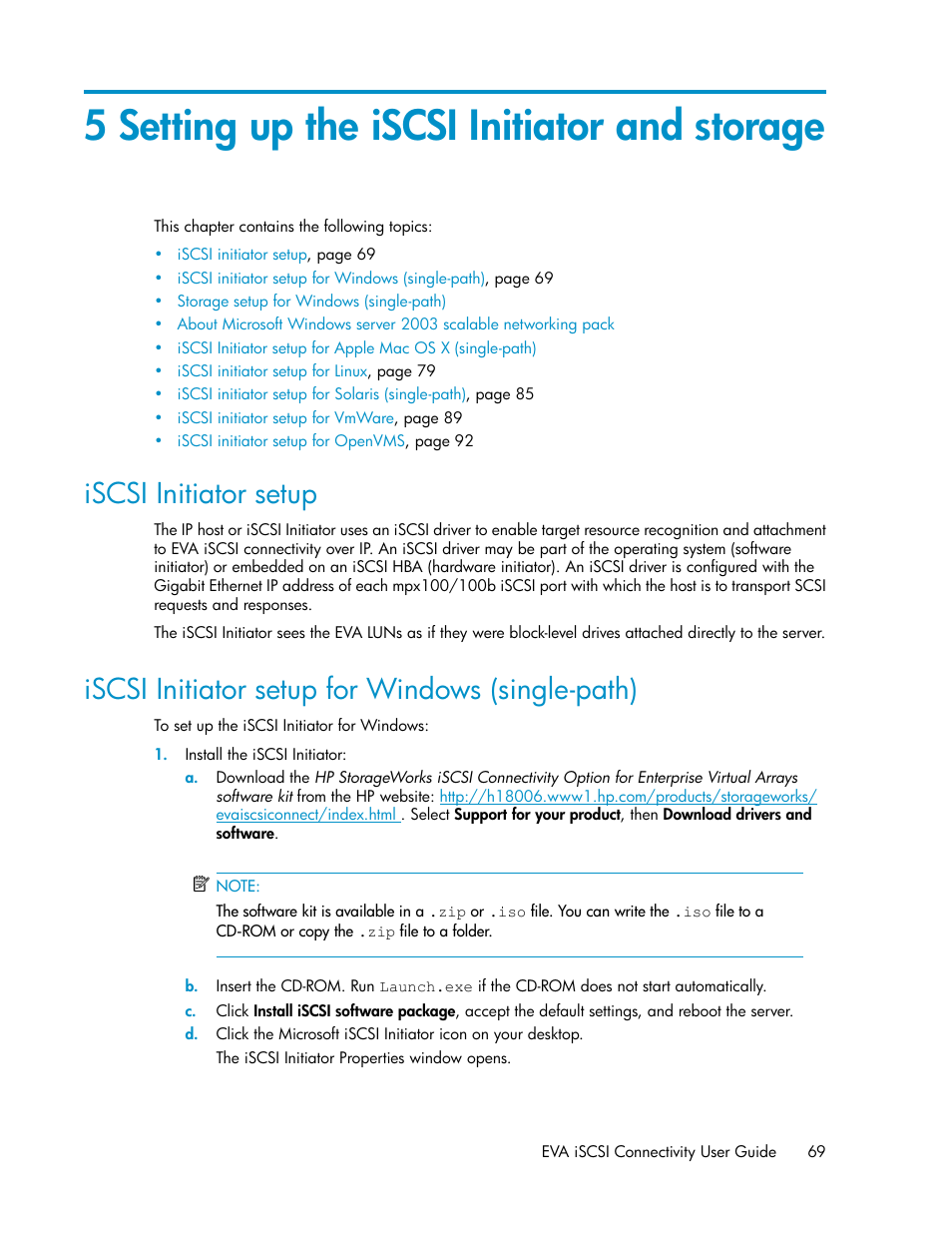 5 setting up the iscsi initiator and storage, Iscsi initiator setup, Iscsi initiator setup for windows (single-path) | 69 iscsi initiator setup for windows (single-path) | HP 3000 Enterprise Virtual Array User Manual | Page 69 / 236