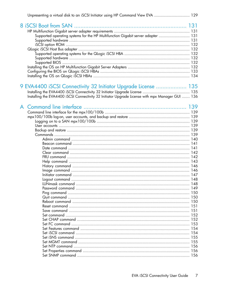 8 iscsi boot from san, A command line interface | HP 3000 Enterprise Virtual Array User Manual | Page 7 / 236