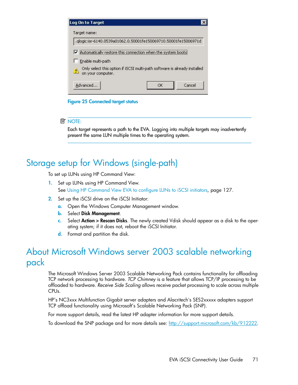 Storage setup for windows (single-path), Connected target status, Figure 25 | HP 3000 Enterprise Virtual Array User Manual | Page 71 / 236