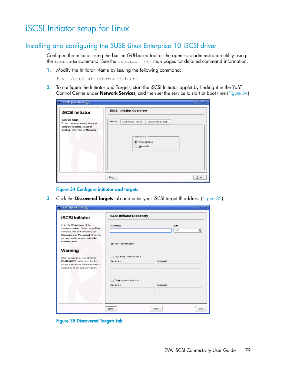 Iscsi initiator setup for linux, Configure initiator and targets, Discovered targets tab | HP 3000 Enterprise Virtual Array User Manual | Page 79 / 236