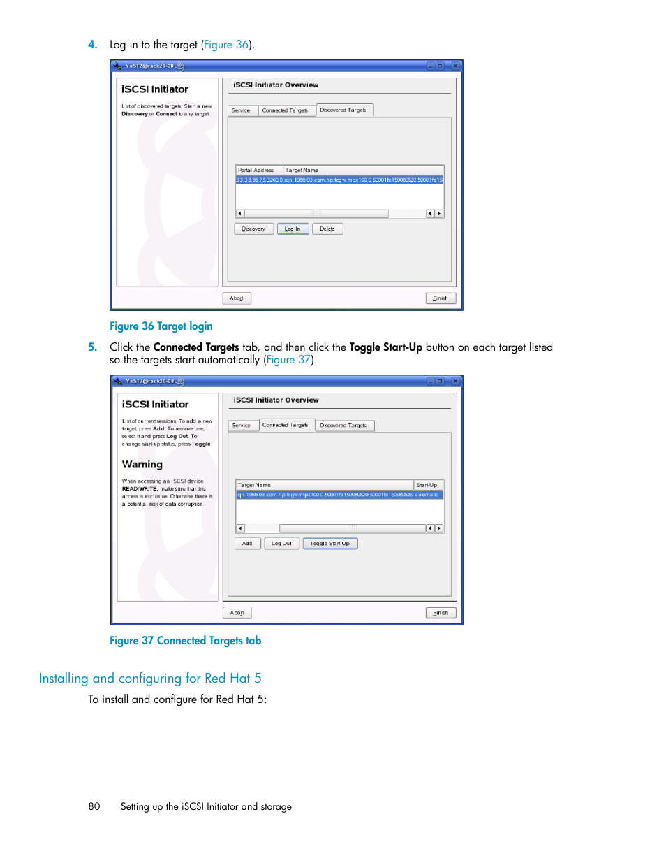 Installing and configuring for red hat 5, Target login, Connected targets tab | HP 3000 Enterprise Virtual Array User Manual | Page 80 / 236